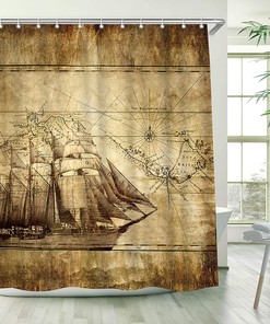 Set Sail with Artistic Print Nautical Shower Curtain with Ocean Sailing Boat Compass and Map Design 