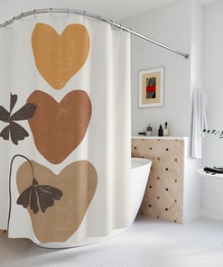 Shabby Chic Botanical Heart and Floral Print Shower Curtain for Romantic Bathroom Decor