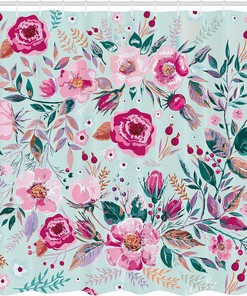 Shabby Floral Shower Curtain with Spring Flowers in Mint Pink for Bathroom Decor