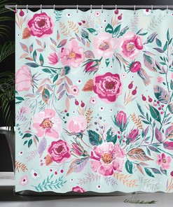 Shabby Floral Shower Curtain with Spring Flowers in Mint Pink for Bathroom Decor