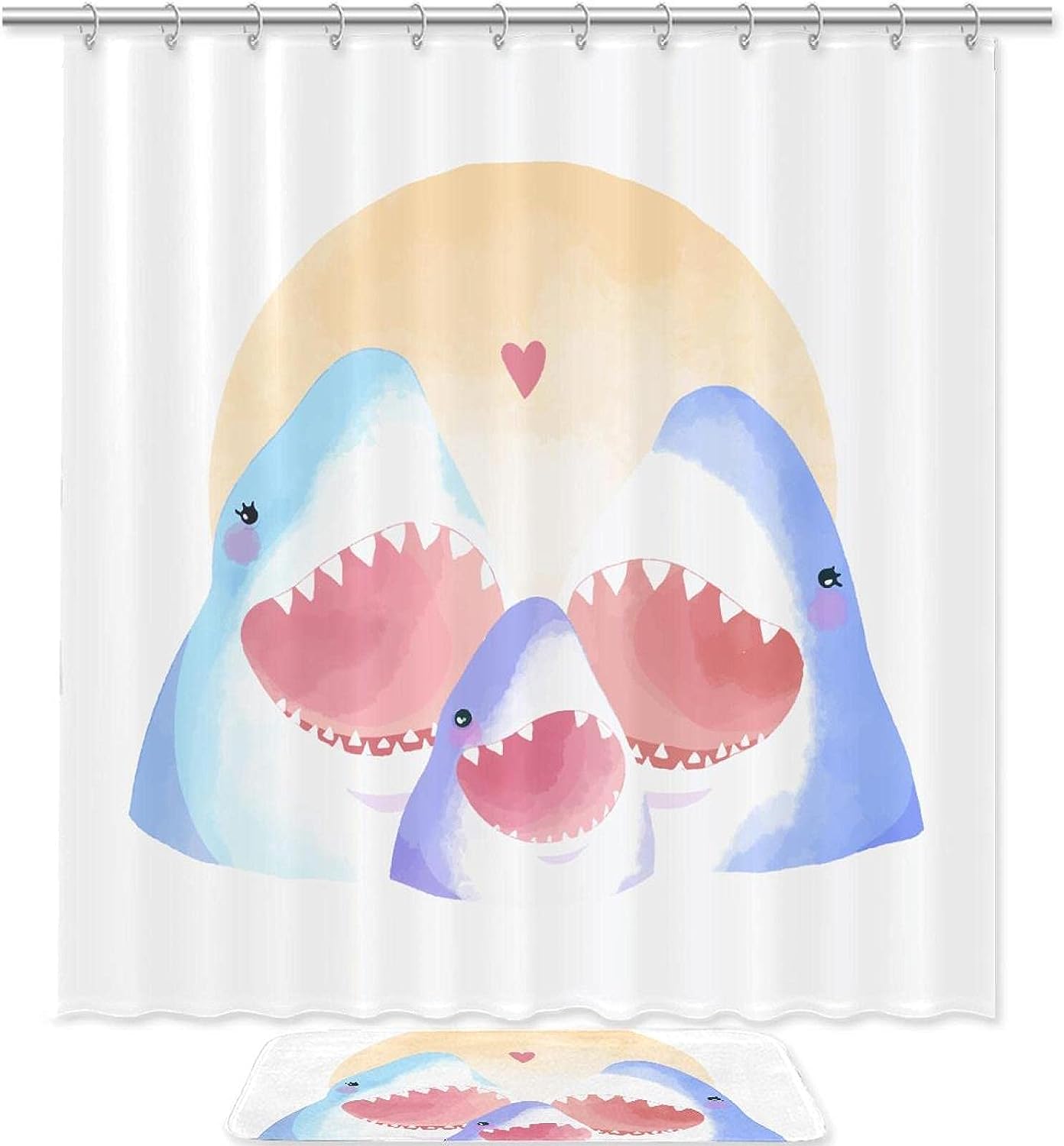 Shark Family Shower Curtain with Watercolor Print | Home Decor Bathroom Curtain