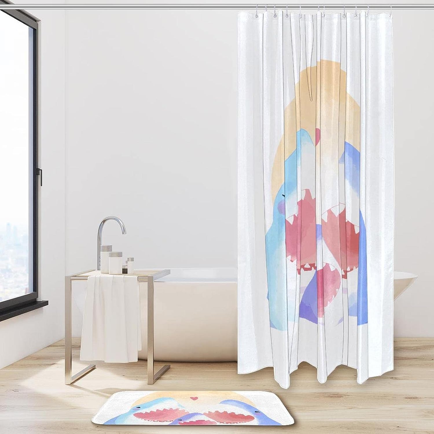 Shark Family Shower Curtain with Watercolor Print | Home Decor Bathroom Curtain