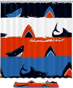 Shark and Sea Stripe Shower Curtain with Microfiber Accents - Sea Themed Bathroom Decor