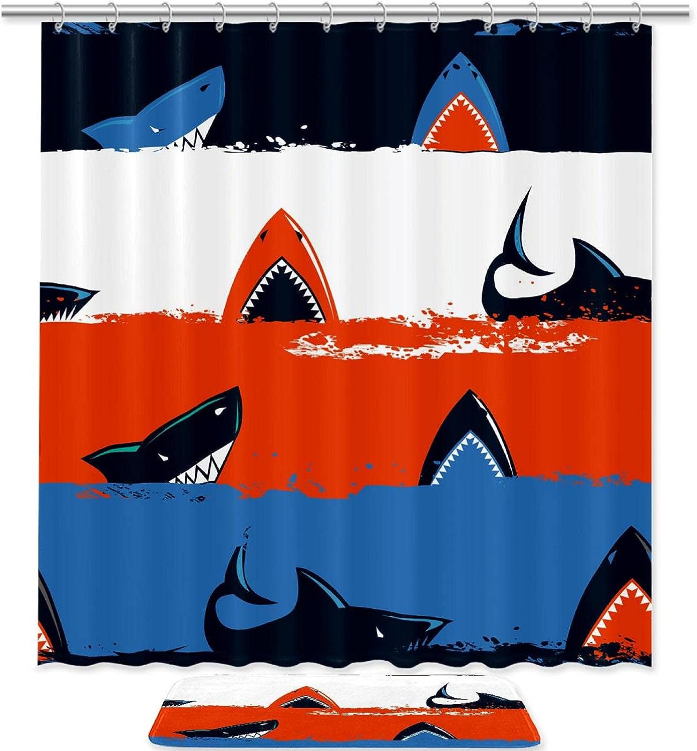 Shark and Sea Stripe Shower Curtain with Microfiber Accents - Sea Themed Bathroom Decor