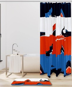 Shark and Sea Stripe Shower Curtain with Microfiber Accents - Sea Themed Bathroom Decor