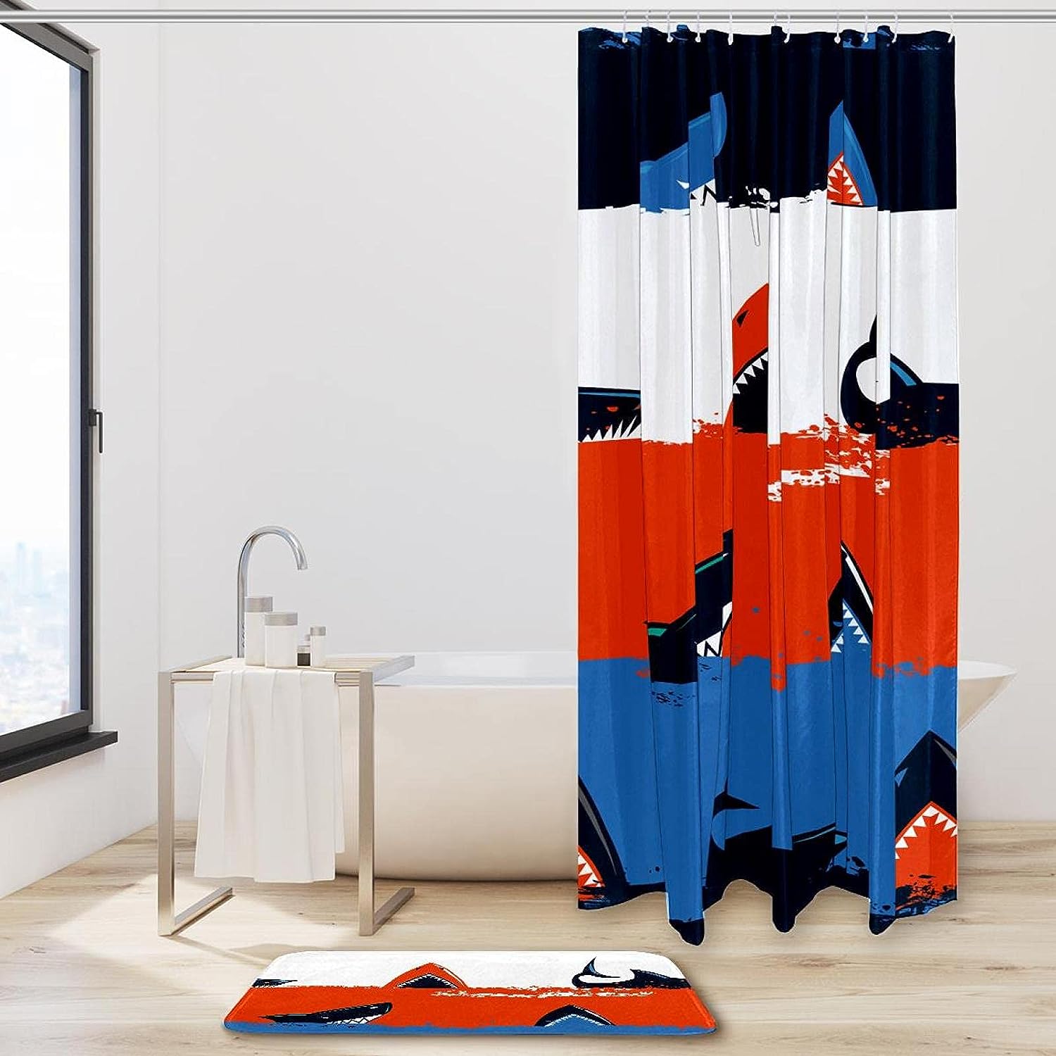 Shark and Sea Stripe Shower Curtain with Microfiber Accents - Sea Themed Bathroom Decor