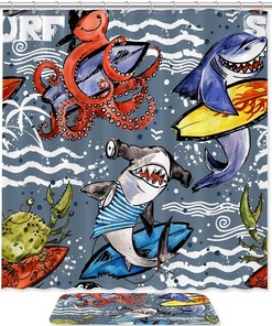 Sharks Octopus Crab Surfing Waterproof Fabric Shower Curtain for Bathroom - Bathroom Accessories