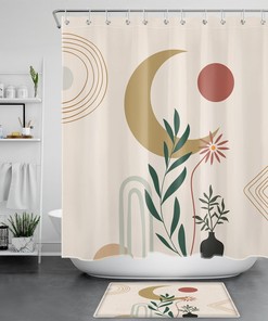 Shower Curtain with Leaf, Flower, Sun, and Moon Design in Mid-Century Bohemia Art Style, Perfect for Bathroom Decor - Home Decor