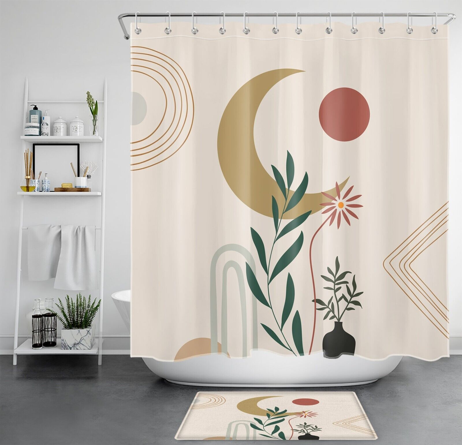 Shower Curtain with Leaf, Flower, Sun, and Moon Design in Mid-Century Bohemia Art Style, Perfect for Bathroom Decor - Home Decor