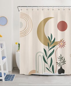 Shower Curtain with Leaf, Flower, Sun, and Moon Design in Mid-Century Bohemia Art Style, Perfect for Bathroom Decor - Home Decor