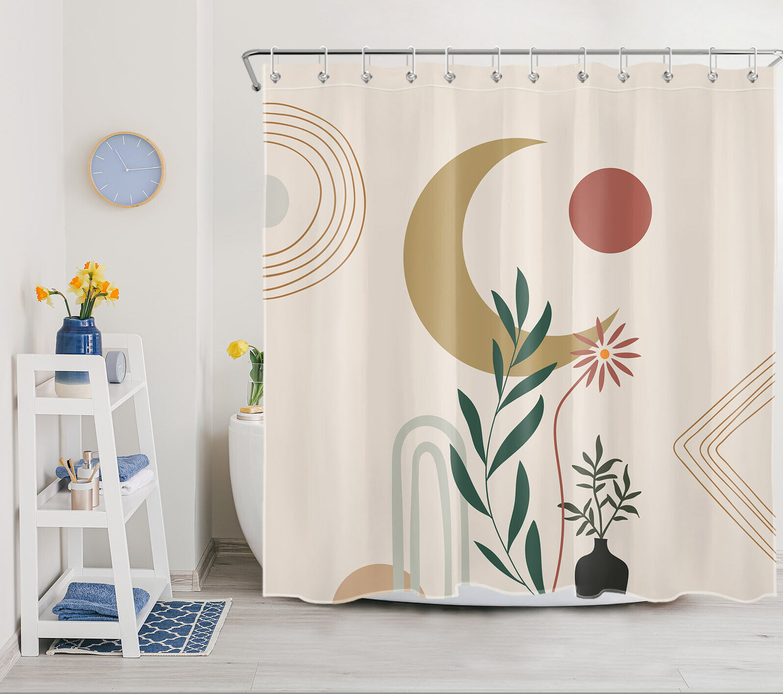 Shower Curtain with Leaf, Flower, Sun, and Moon Design in Mid-Century Bohemia Art Style, Perfect for Bathroom Decor - Home Decor