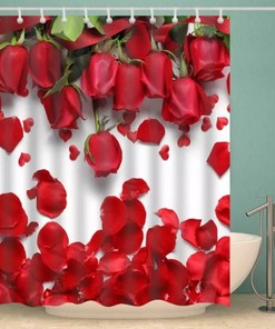 Shower and Bath Curtains with Beautiful Red Roses and Petals for Bathroom Decor