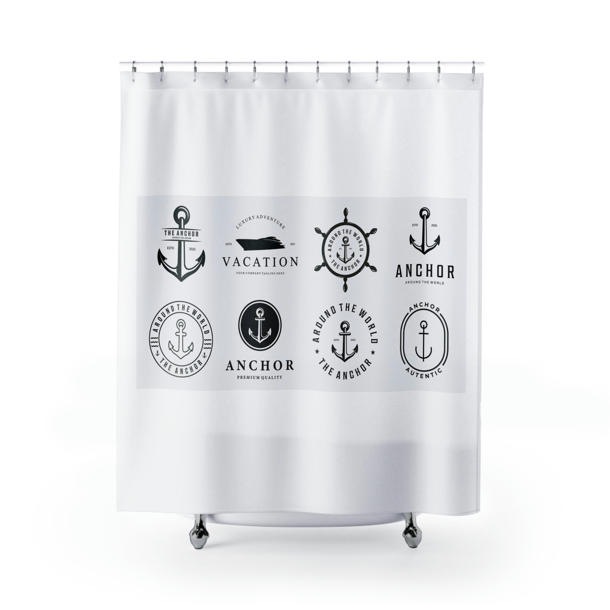 Simple Black and White Anchor Marine Shower Curtain - Fabric for Bathroom