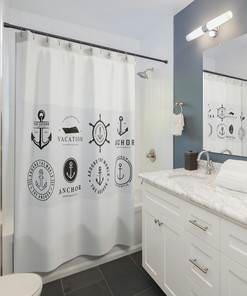 Simple Black and White Anchor Marine Shower Curtain - Fabric for Bathroom