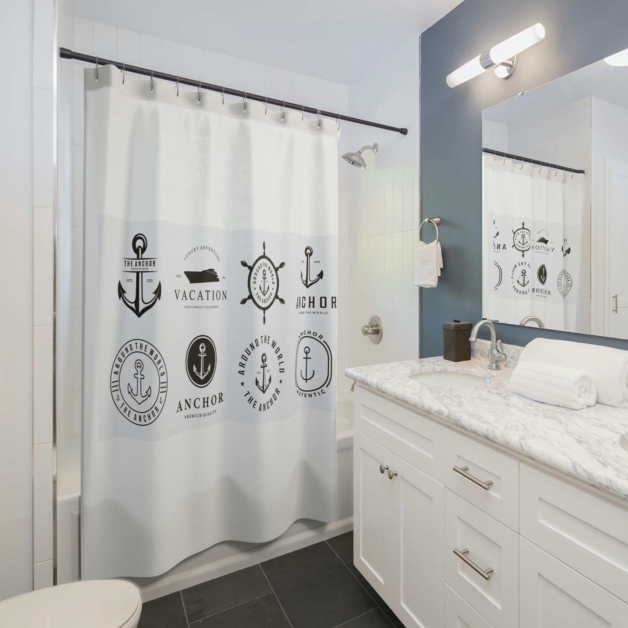 Simple Black and White Anchor Marine Shower Curtain - Fabric for Bathroom