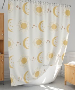 Simple Minimal Astrology Boho Shower Curtain, Sun and Moon Design Bathroom Decor