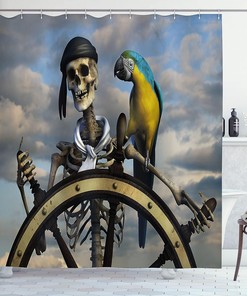 Skeleton Corsair Captain on Steering Wheel Pirate Shower Curtain Bathroom Decor
