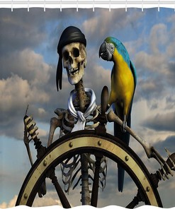 Skeleton Corsair Captain on Steering Wheel Pirate Shower Curtain Bathroom Decor