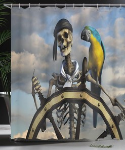 Skeleton Corsair Captain on Steering Wheel Pirate Shower Curtain Bathroom Decor
