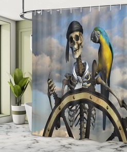 Skeleton Corsair Captain on Steering Wheel Pirate Shower Curtain Bathroom Decor