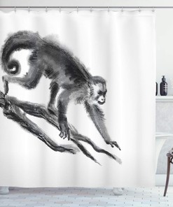 Sketchy Monkey Shower Curtain, Exotic Creature in Jungle Hand Drawn Illustration- Bathroom Decor