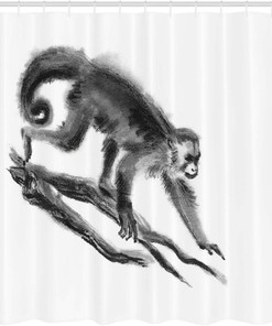 Sketchy Monkey Shower Curtain, Exotic Creature in Jungle Hand Drawn Illustration- Bathroom Decor