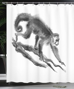 Sketchy Monkey Shower Curtain, Exotic Creature in Jungle Hand Drawn Illustration- Bathroom Decor
