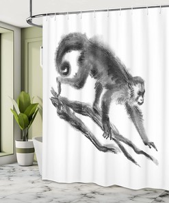 Sketchy Monkey Shower Curtain, Exotic Creature in Jungle Hand Drawn Illustration- Bathroom Decor