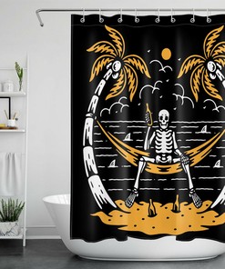 Skull Moon Palm Tree Beach Shower Curtain - Alternative Bathroom Decor