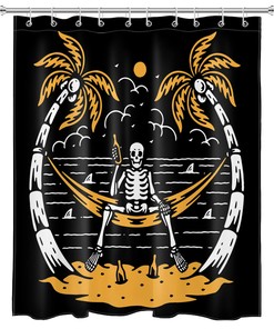 Skull Moon Palm Tree Beach Shower Curtain - Alternative Bathroom Decor
