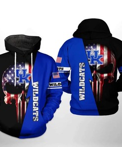 Skull Punisher With Flag American And Logo Kentucky Wildcats 3D Hoodie Cool Kentucky Wildcats Gifts