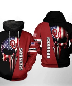 Skull Punisher With Flag American And Logo Oklahoma Sooners 3D Hoodie NCAA Gifts