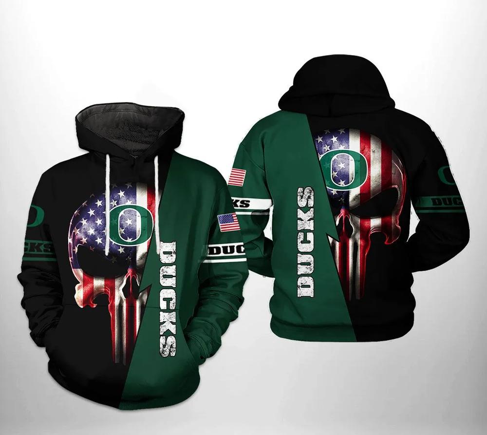 Skull Punisher With Flag American And Logo Oregon Ducks 3D Hoodie NCAA Basketball Gifts