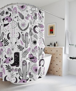 Skull and Cactus Plants Boho Shower Curtain, Cowgirl Western Rodeo Feathers Print, Cute Bathroom Decoration