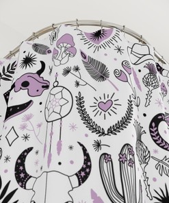 Skull and Cactus Plants Boho Shower Curtain, Cowgirl Western Rodeo Feathers Print, Cute Bathroom Decoration