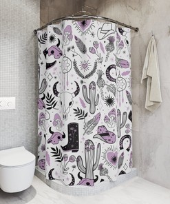Skull and Cactus Plants Boho Shower Curtain, Cowgirl Western Rodeo Feathers Print, Cute Bathroom Decoration