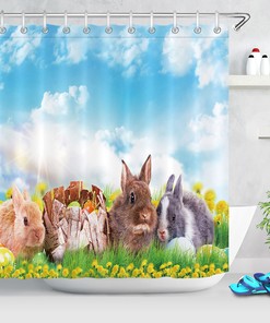 Sky Blue Green Grass Easter Rabbit Shower Curtain Bathroom Decor