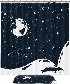 Sky Whale Moon Star Shower Curtain in Waterproof Fabric for Bathroom Decoration