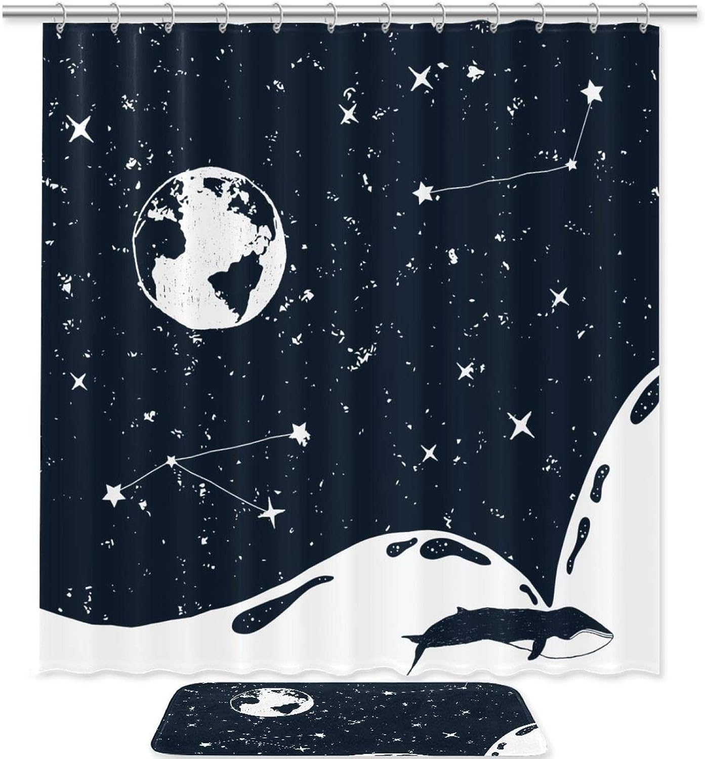 Sky Whale Moon Star Shower Curtain in Waterproof Fabric for Bathroom Decoration
