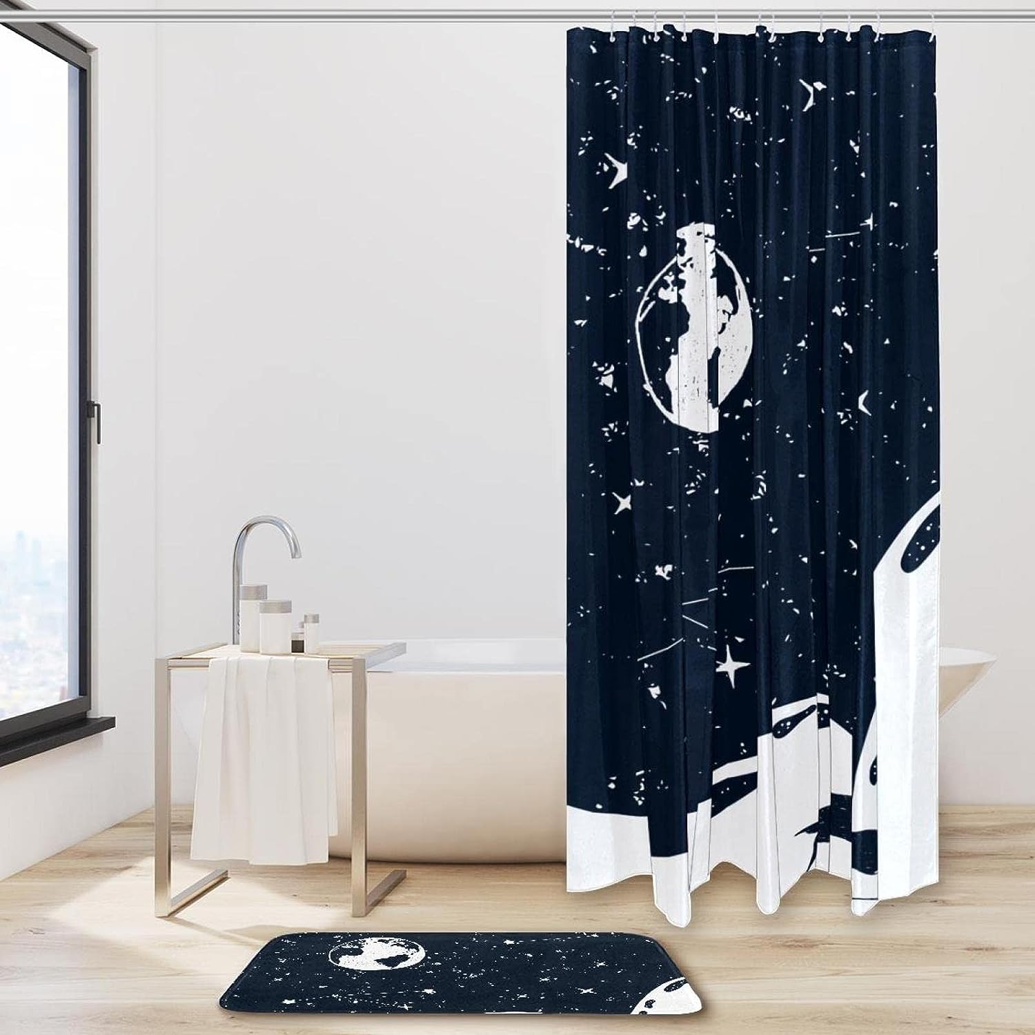 Sky Whale Moon Star Shower Curtain in Waterproof Fabric for Bathroom Decoration