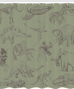 Slate Brown Dinosaur Shower Curtain, Arrangement of Various Illustrations Bathroom Decor, Home Decor