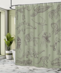 Slate Brown Dinosaur Shower Curtain, Arrangement of Various Illustrations Bathroom Decor, Home Decor