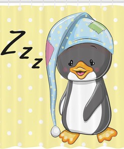 Sleepy Baby Penguin Shower Curtain, Happy Dream Cartoon Art in Yellow White Bathroom Decor, 75 Long