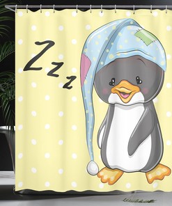 Sleepy Baby Penguin Shower Curtain, Happy Dream Cartoon Art in Yellow White Bathroom Decor, 75 Long