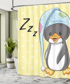 Sleepy Baby Penguin Shower Curtain, Happy Dream Cartoon Art in Yellow White Bathroom Decor, 75 Long