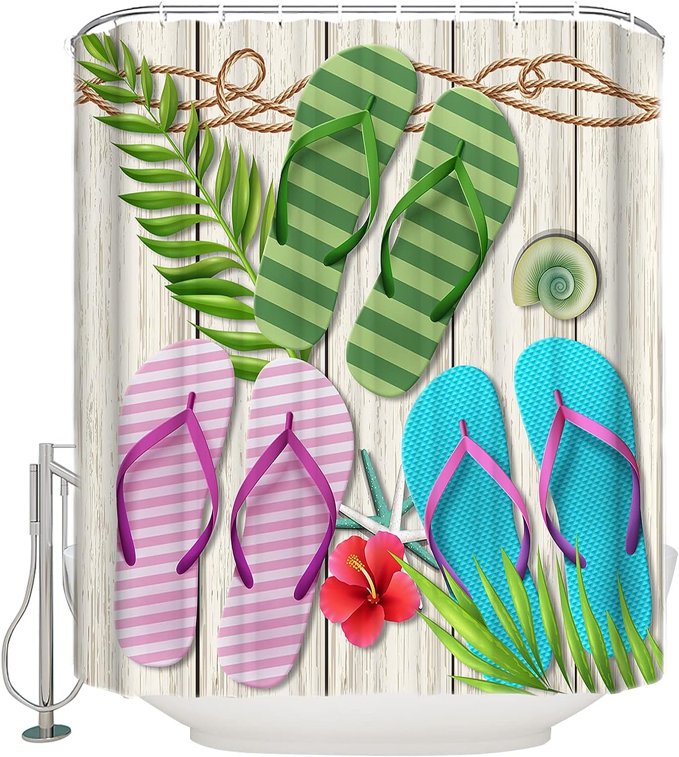 Slippers Palm Leaves Seashell Shower Curtain - Home Decor Bathroom Curtain