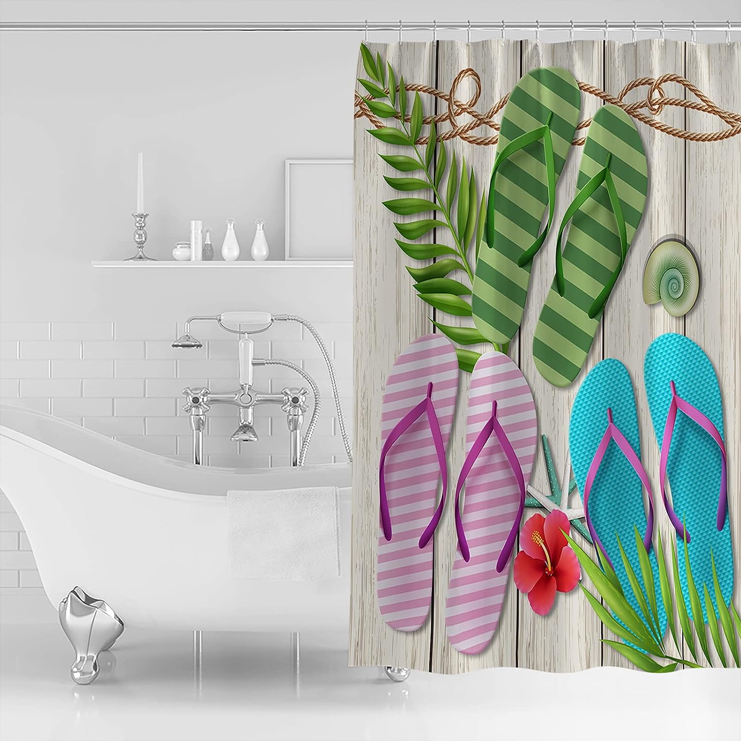 Slippers Palm Leaves Seashell Shower Curtain - Home Decor Bathroom Curtain
