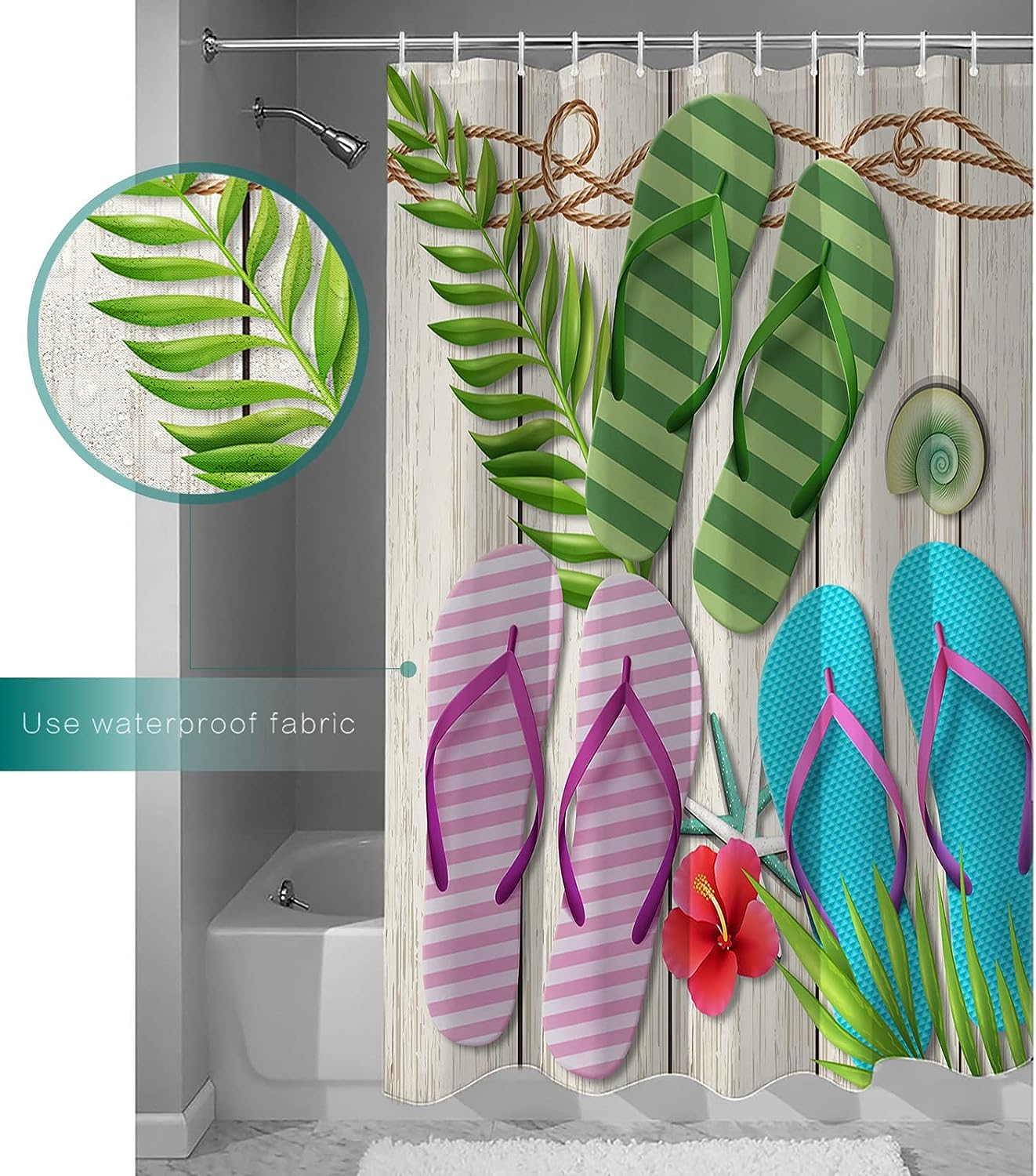Slippers Palm Leaves Seashell Shower Curtain - Home Decor Bathroom Curtain