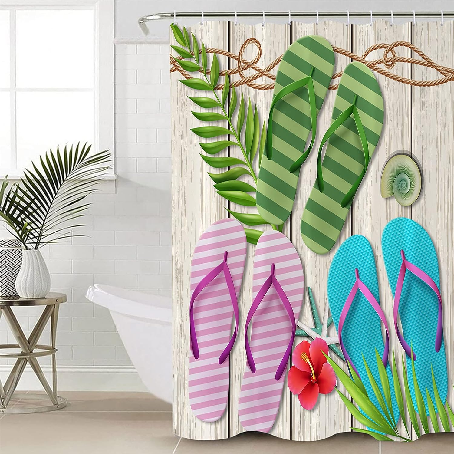 Slippers Palm Leaves Seashell Shower Curtain - Home Decor Bathroom Curtain