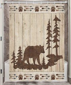 Small Waterproof Fabric Shower Curtain for RV Camper with Bear Hunter Design